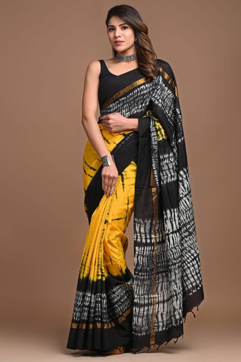 ## Yellow and Black Tie-Dye Assam Silk Saree