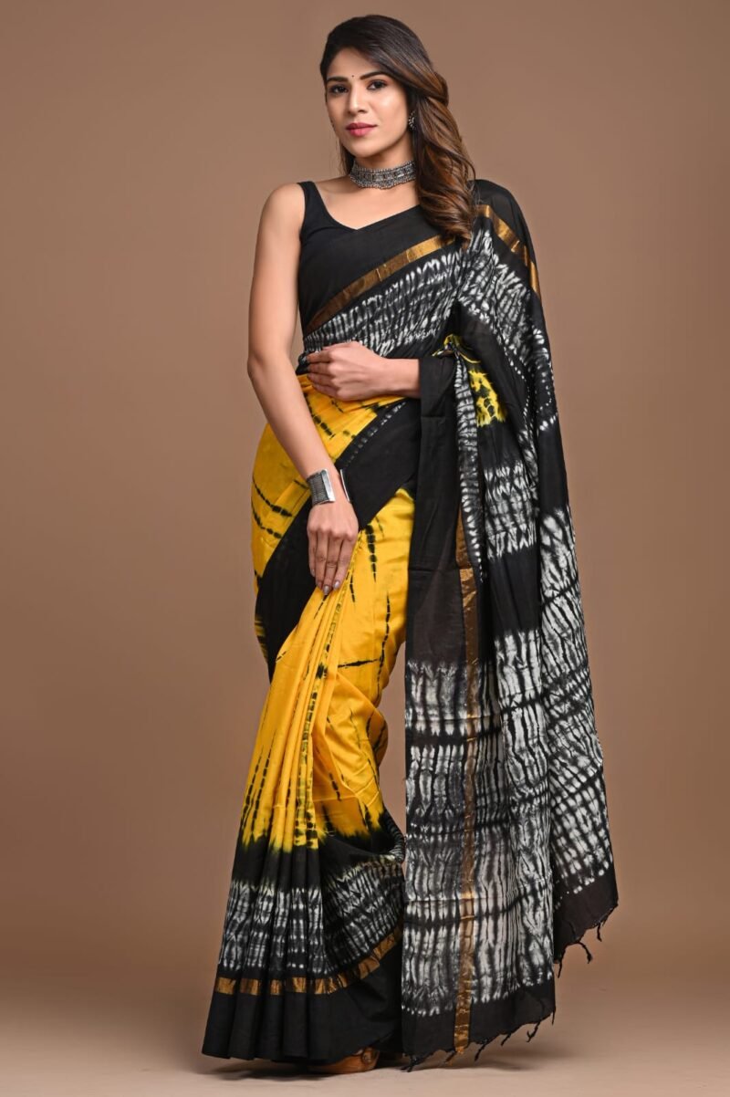 ## Yellow and Black Tie-Dye Assam Silk Saree