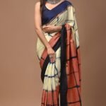 Cream, Navy and Rust tie n dye checked Assam Silk Saree