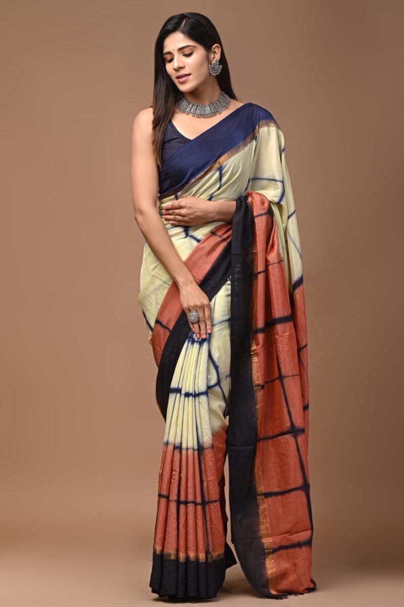 Cream, Navy and Rust tie n dye checked Assam Silk Saree