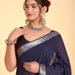 Navy Blue Linen Saree