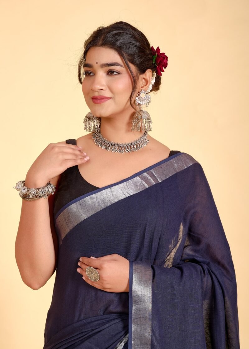 Navy Blue Linen Saree
