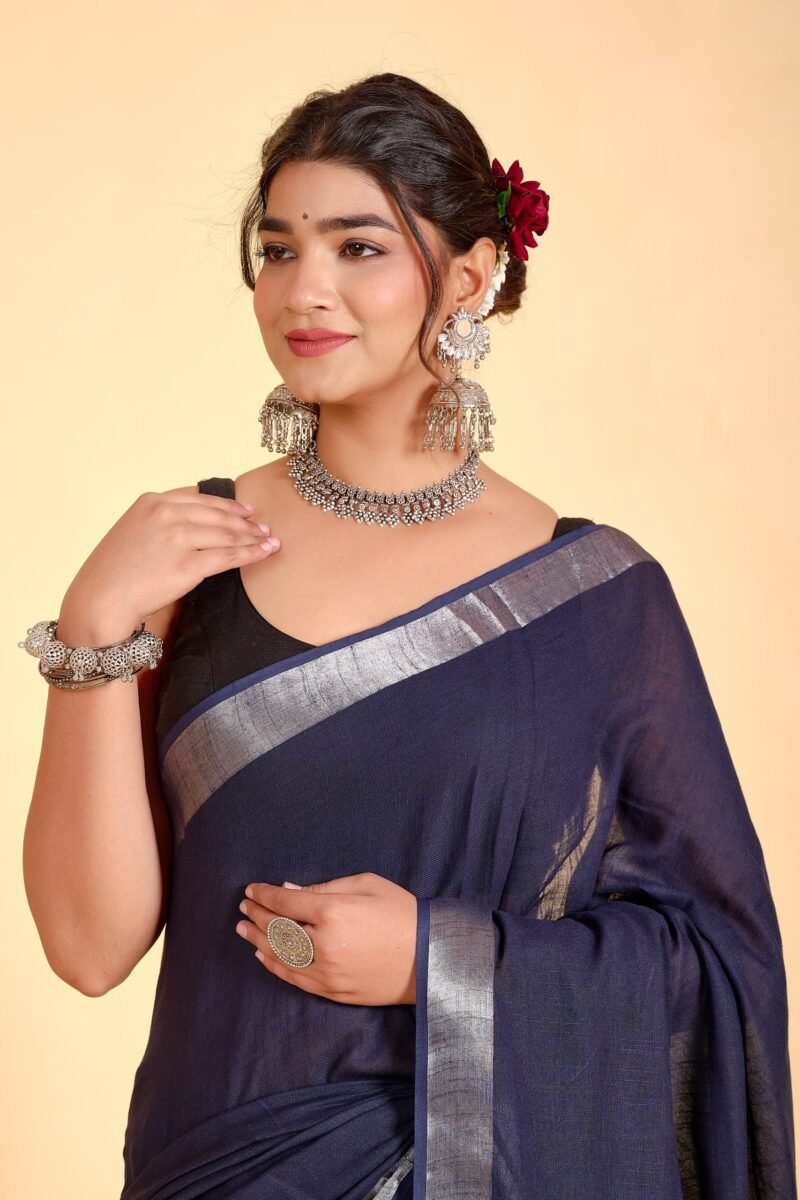 Navy Blue Linen Saree