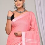 ## Coral Pink Linen Saree