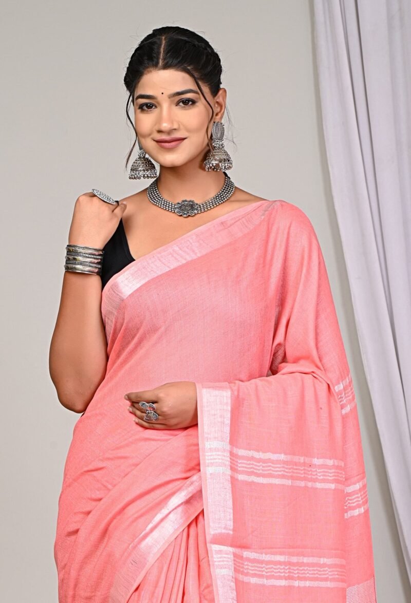 ## Coral Pink Linen Saree